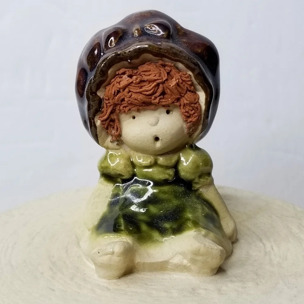 Vintage Unique Stoneware Round Textured Trinket With Girl Figurine on the Lid